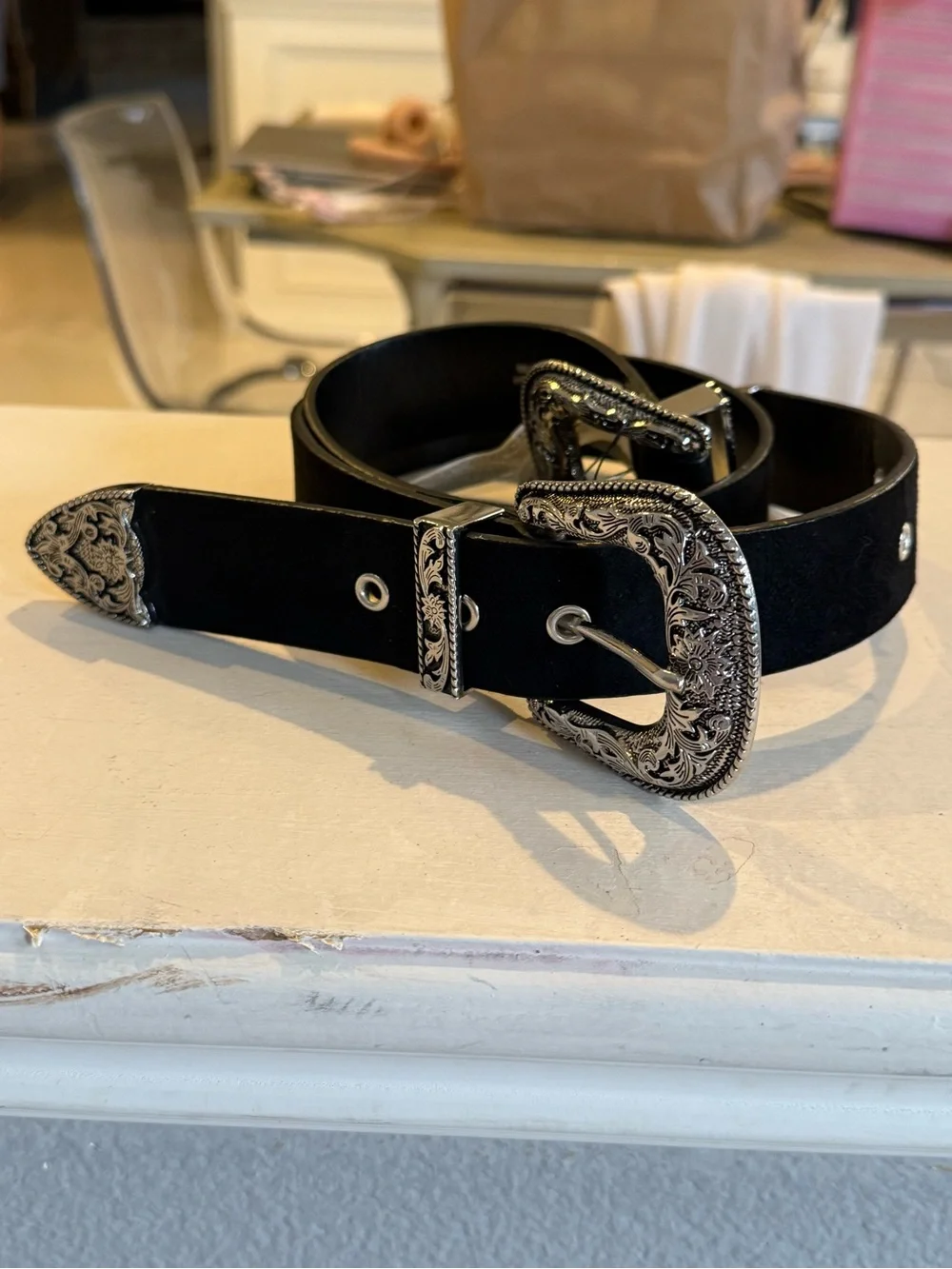 Forever 21 Black Belt with Ornate Silver Western Buckle